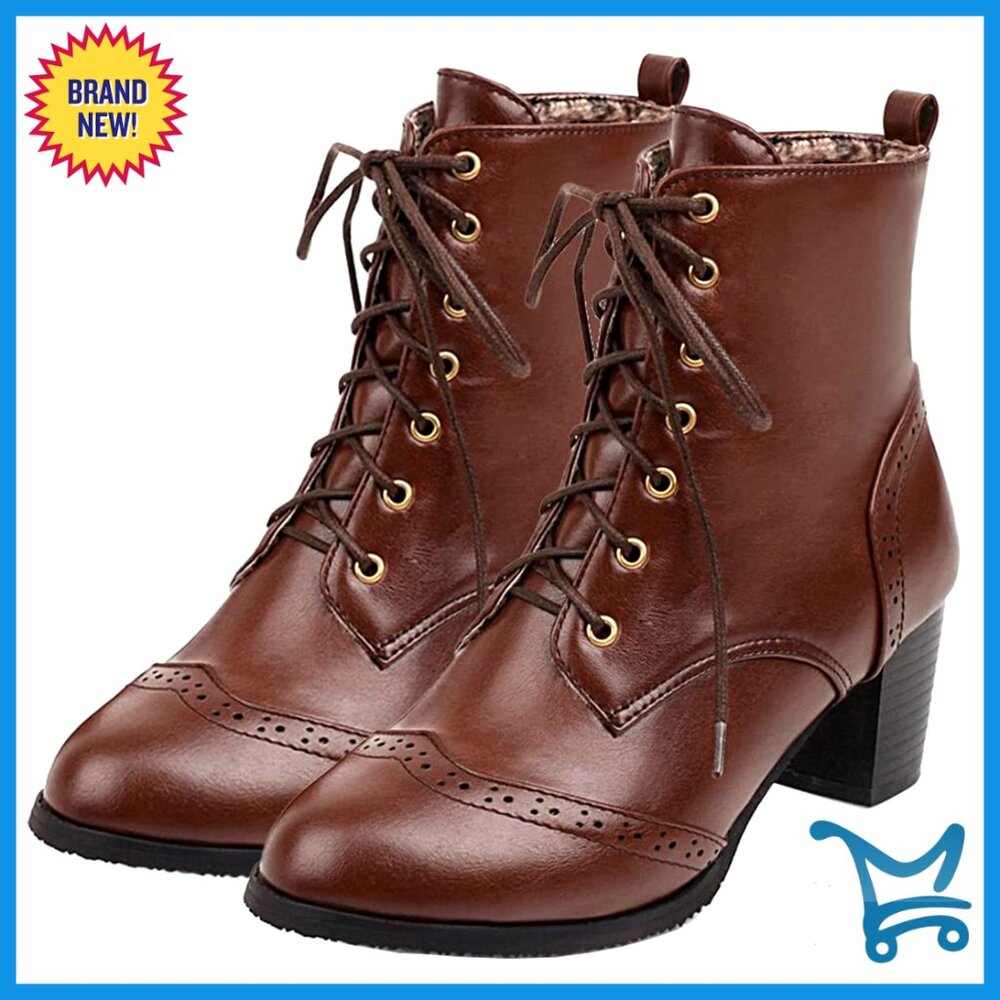 Women's Chunky Heel Ankle Boots Lace Up Side Zip Dress Shoes